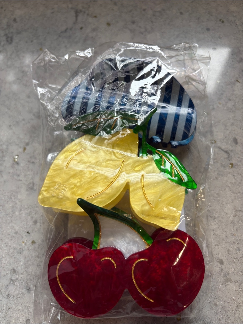 Anthropologie Fruit Hair Clips - Red Cherry, Yellow Lemon, Blue Stripe